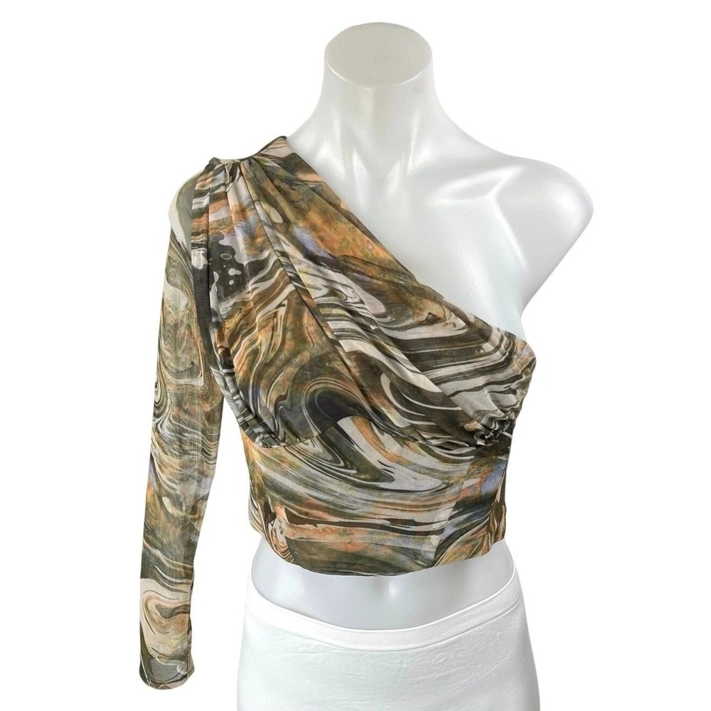Zara One Shoulder Crop Top Womens S Green Marble Print Excellent Mesh Draped